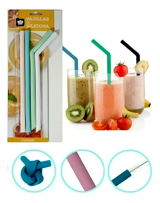 Pitillos Flexibles Ecologicos Reutilizables Silicona X4