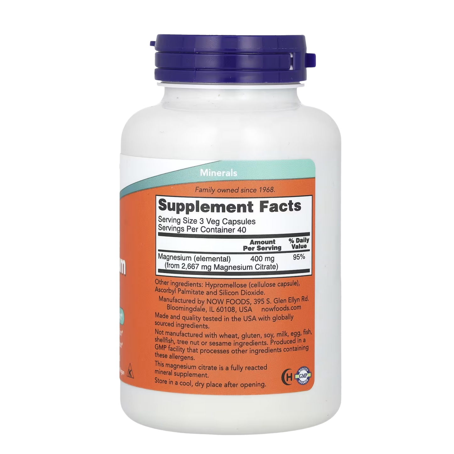 Citrato De Magnesio Now 400 Miligramos 120 Capsulas Vegetales