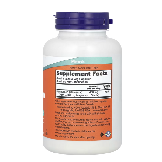 Citrato De Magnesio Now 400 Miligramos 120 Capsulas Vegetales