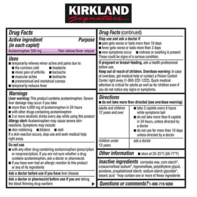 Acetaminofen Kirkland 500 tablets